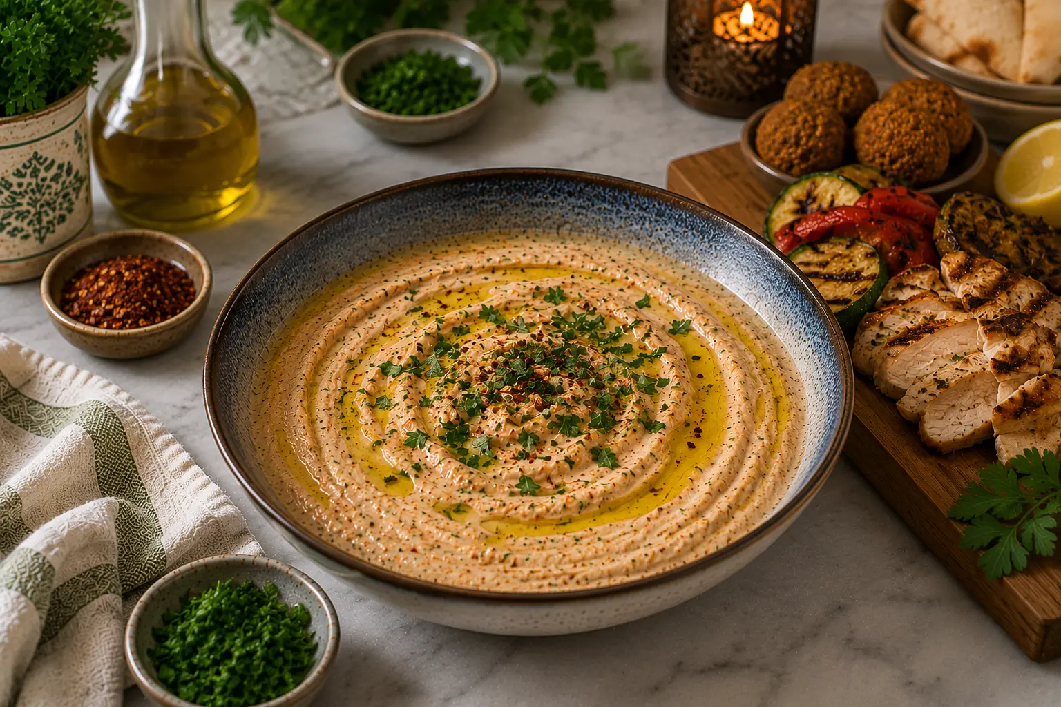 A creamy bowl of harissa yogurt sauce garnished with fresh parsley and extra virgin olive oil, served with lemon wedges.