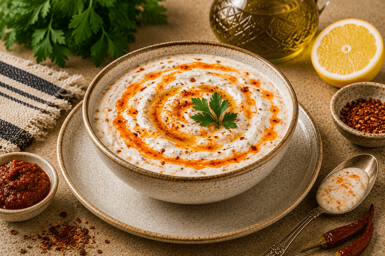 A bowl of creamy harissa yogurt sauce garnished with parsley, olive oil, chili flakes, and lemon wedges.