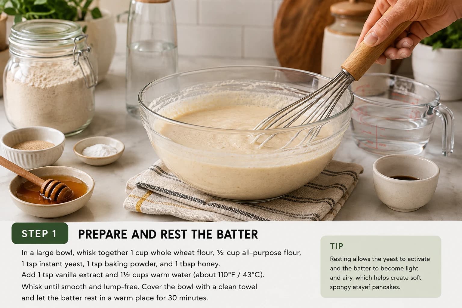 Smooth atayef batter resting in a bowl before cooking the pancakes.