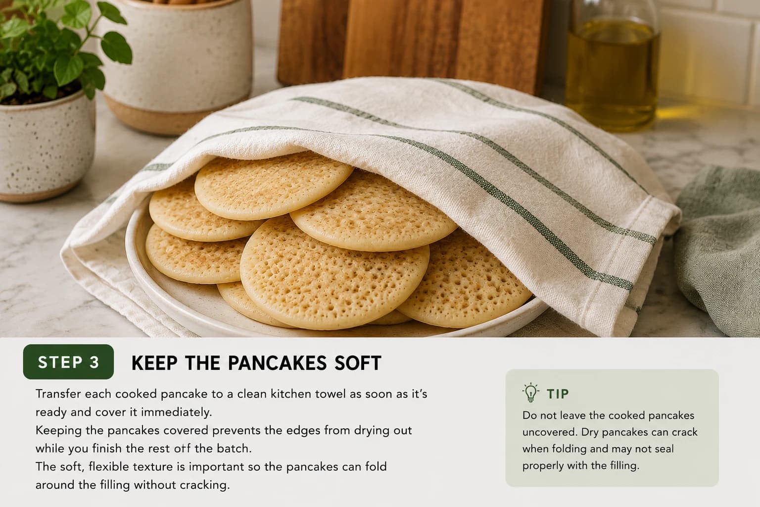 Freshly cooked atayef pancakes covered with a clean towel to keep them soft.