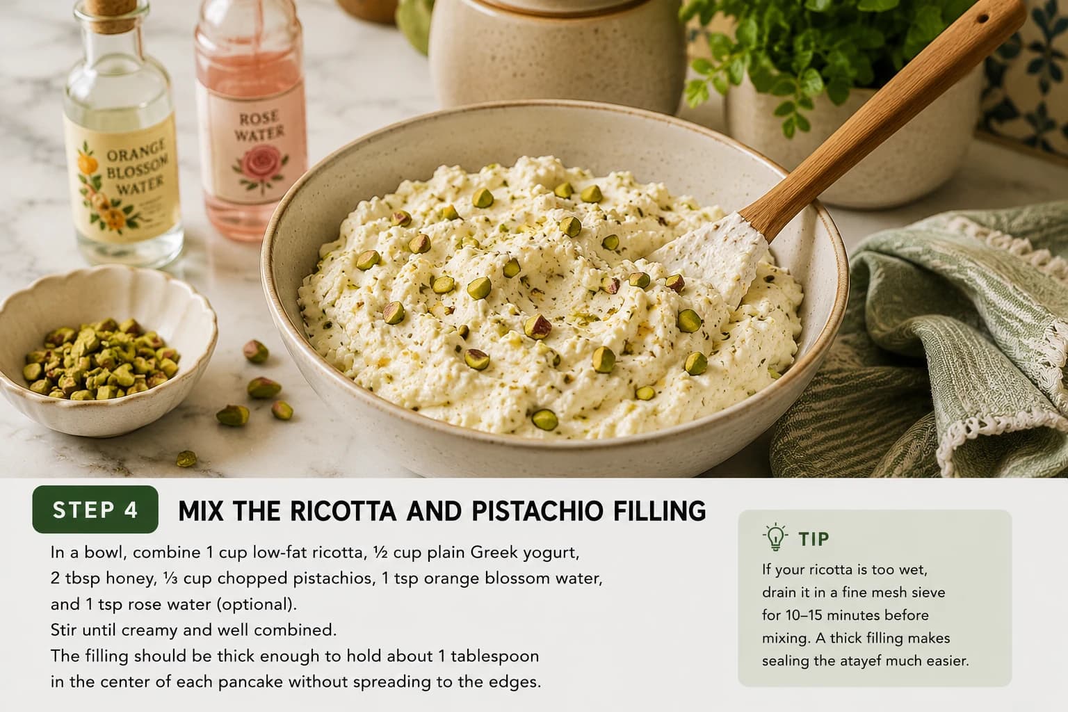 Creamy ricotta, Greek yogurt, honey, pistachios, and floral waters mixed into an atayef filling.