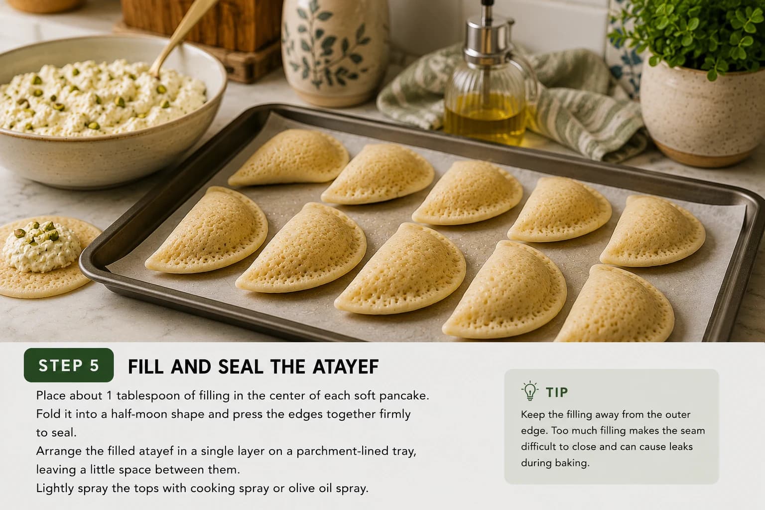 Atayef being filled with ricotta and pistachio mixture and sealed into half-moon shapes.