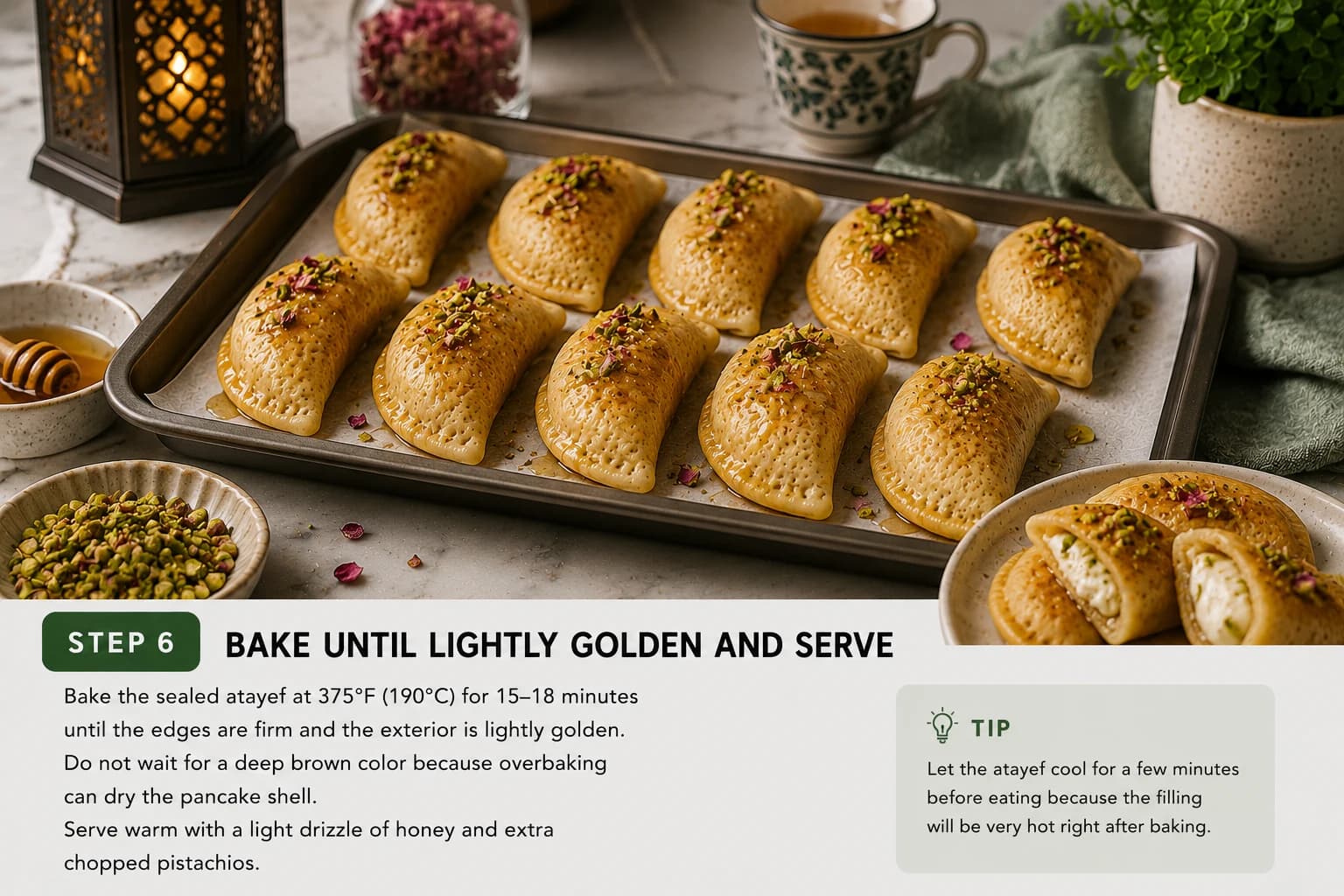 Lightly golden baked atayef filled with ricotta and pistachios and ready to serve.