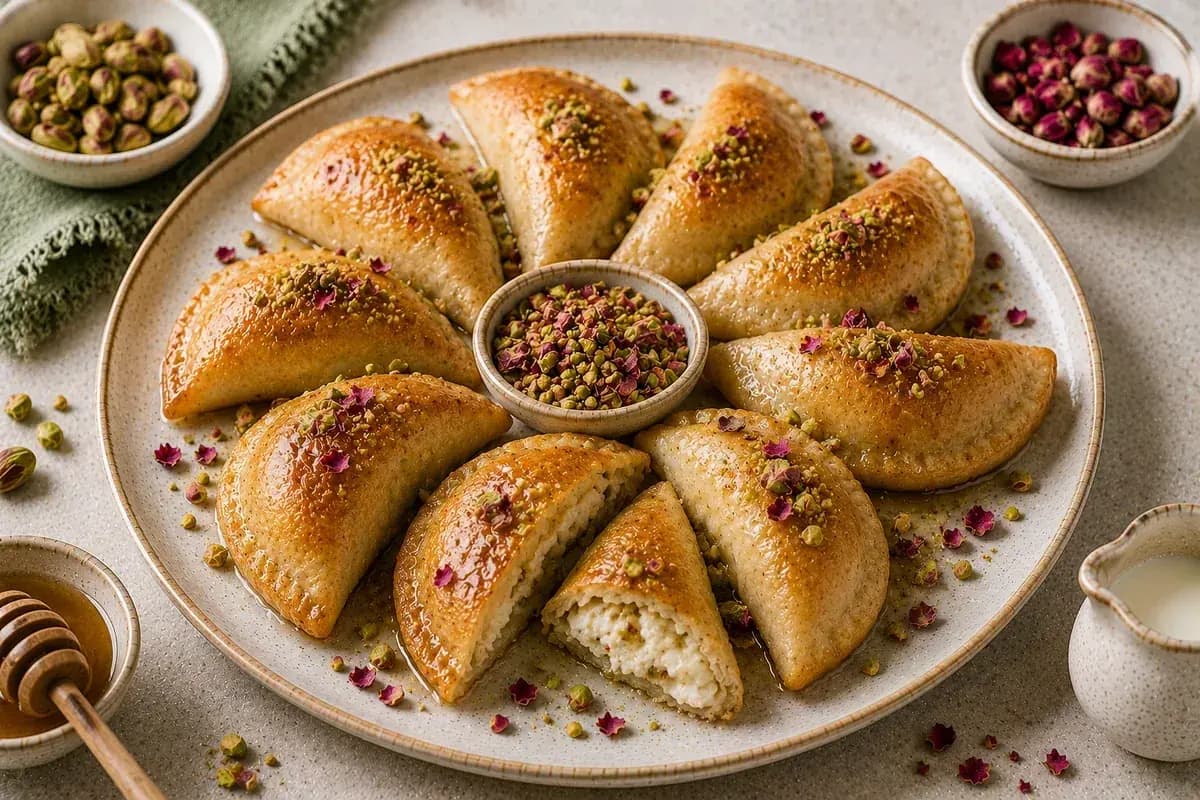 Golden baked atayef filled with ricotta, Greek yogurt, pistachios, and honey, garnished with crushed pistachios and rose petals.