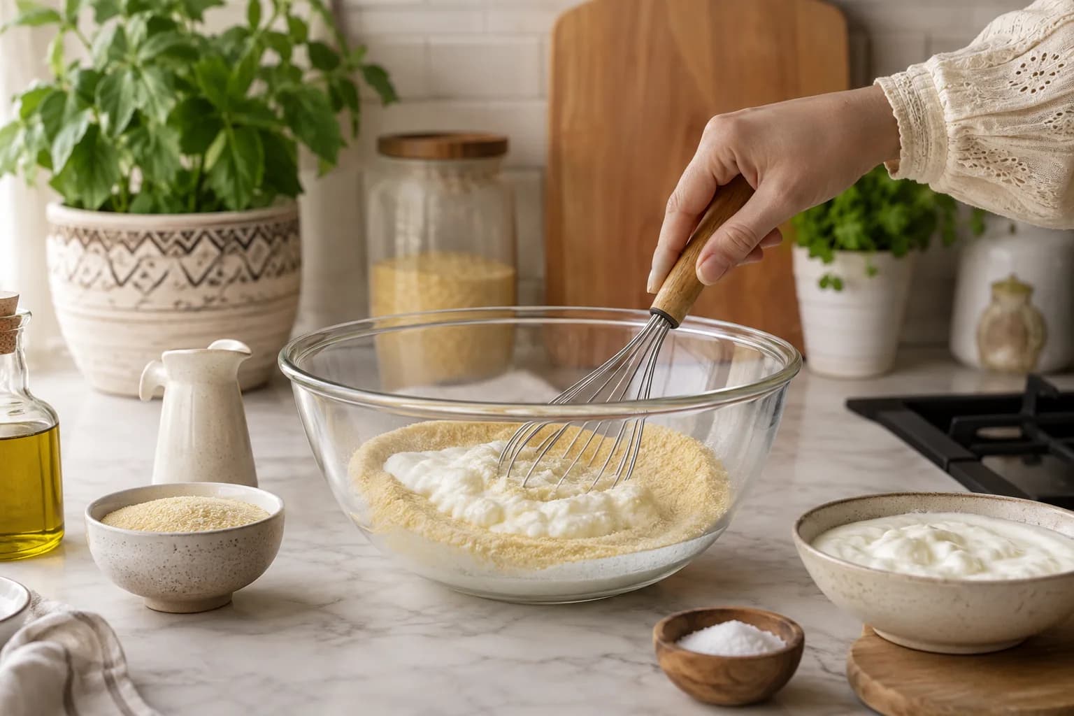 Whole wheat semolina mixed with Greek yogurt, olive oil, honey, vanilla, and orange blossom water for healthy Egyptian basbousa.