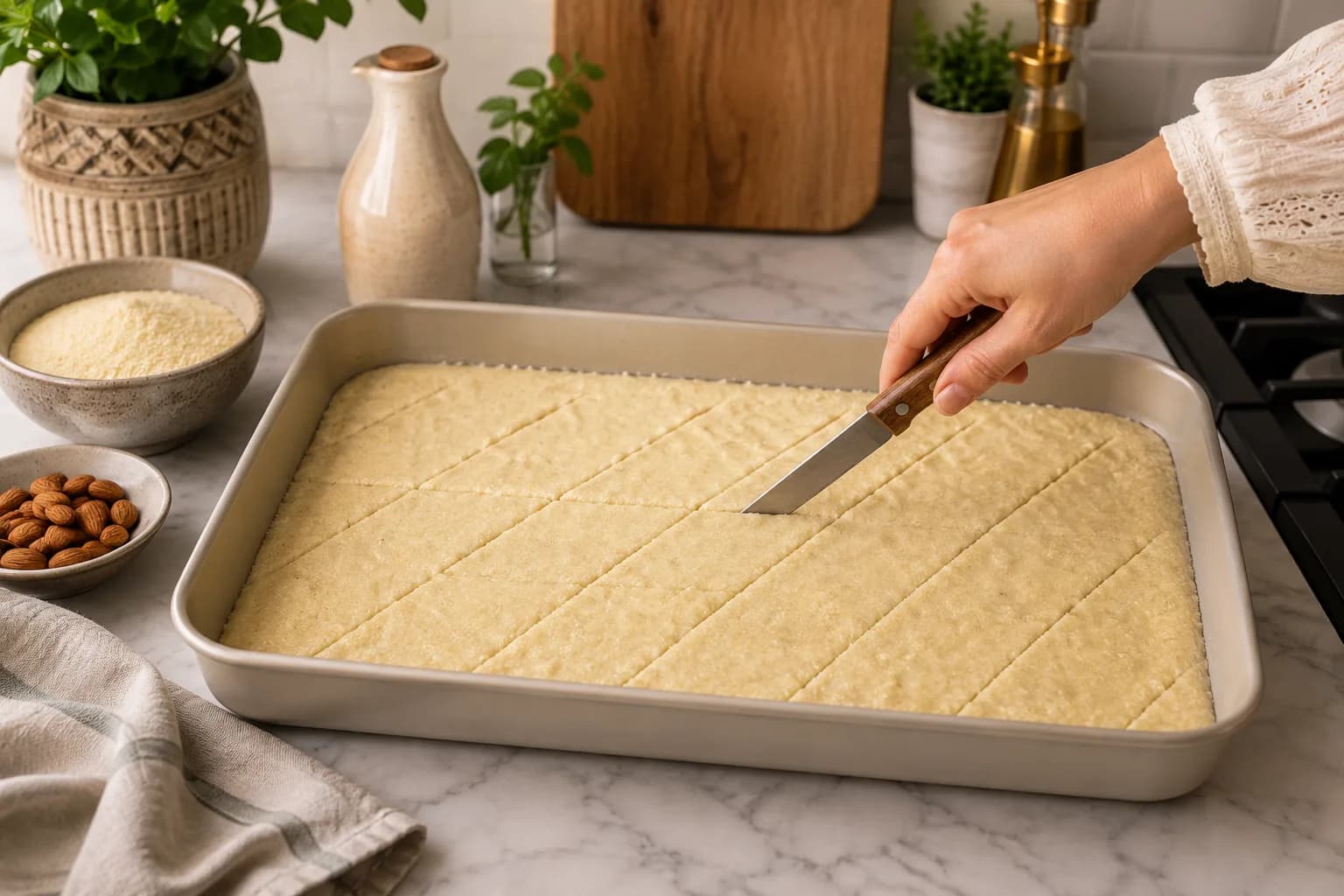 Healthy basbousa batter evenly spread in a square baking pan, scored into portions and topped with almonds.