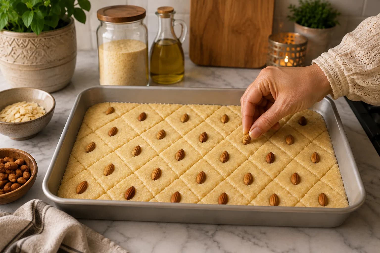 Golden healthy Egyptian basbousa baking in a square pan until the center is set and the almonds are lightly toasted.