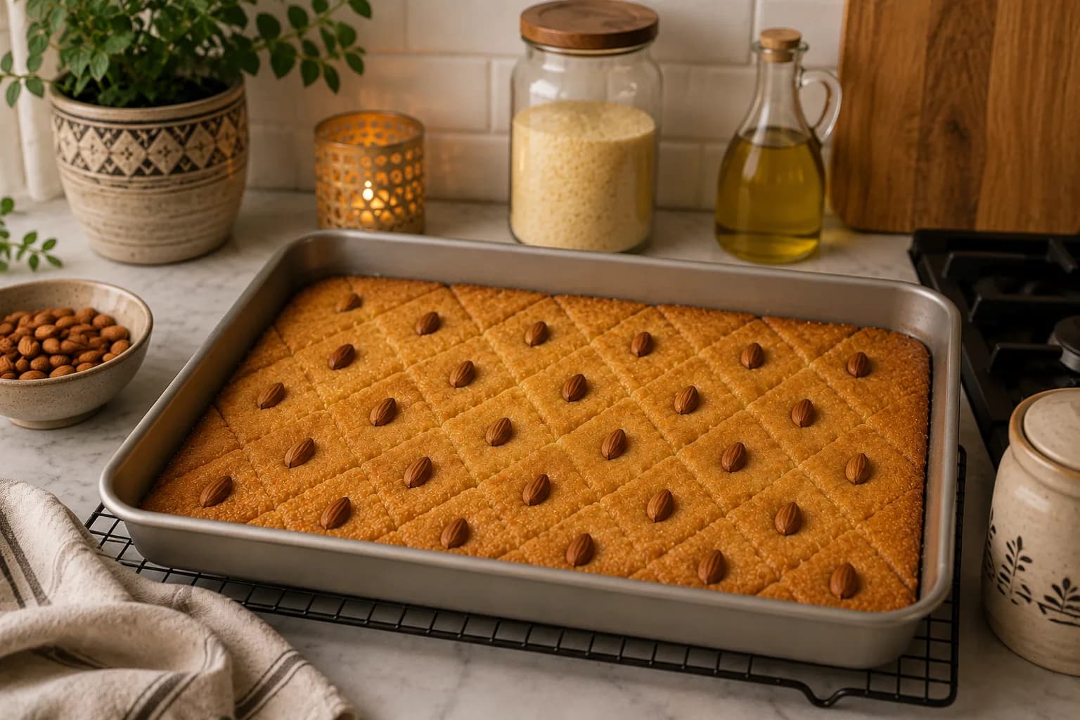 Warm honey, fresh lemon juice, and water being combined into a light syrup for Egyptian basbousa.