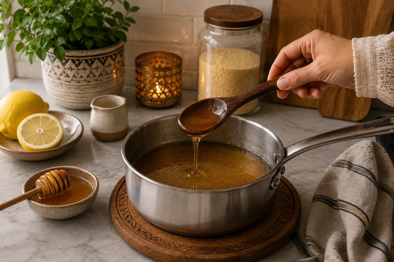 Warm honey-lemon syrup being poured evenly over freshly baked golden Egyptian basbousa.