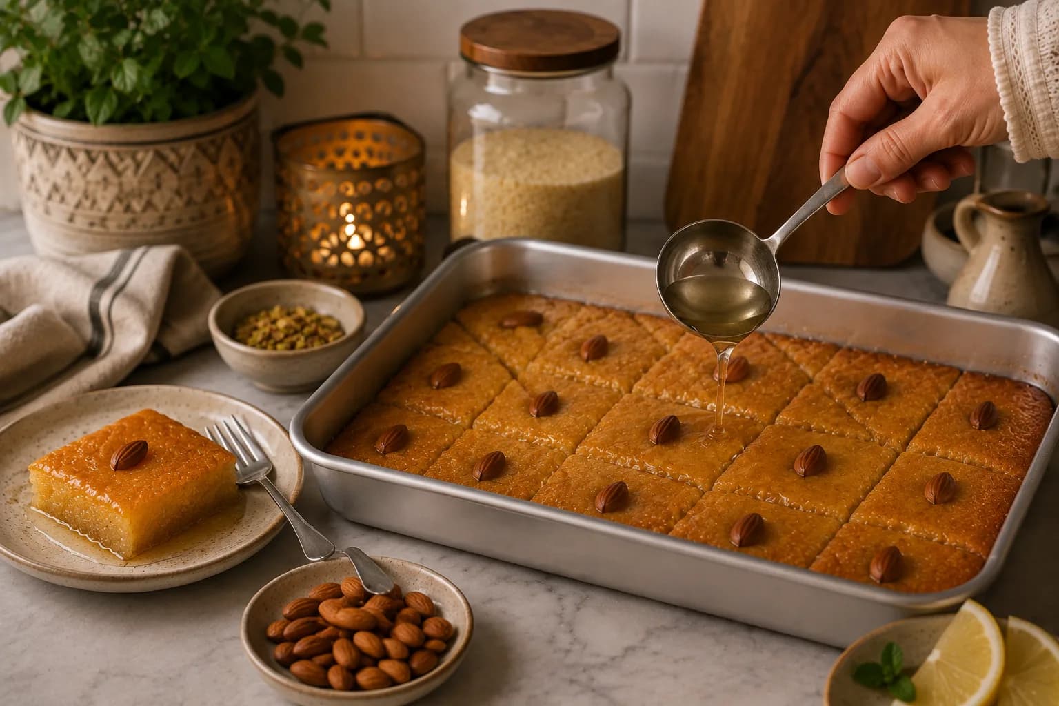 Finished healthy Egyptian basbousa cut into diamond pieces, topped with almonds and ready to serve.