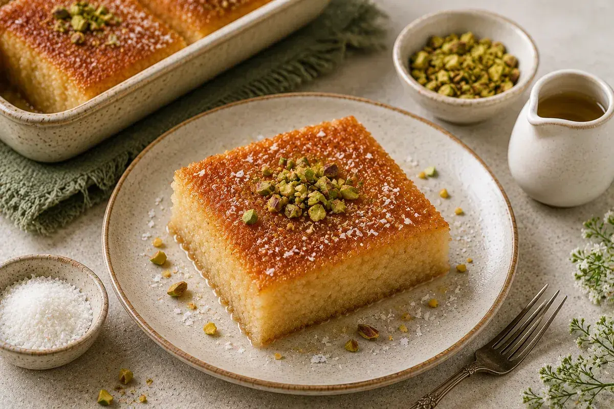 Golden Egyptian healthy basbousa cut into diamond pieces, each topped with an almond and finished with a light honey-lemon syrup.
