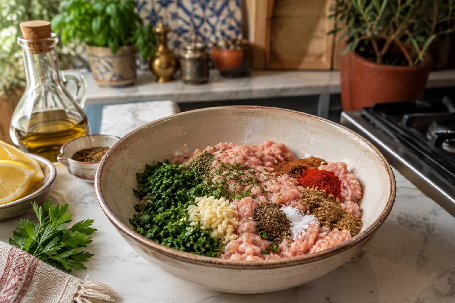 Lean ground chicken being mixed with garlic, parsley, lemon, and Lebanese spices in a natural stylish Mediterranean kitchen.