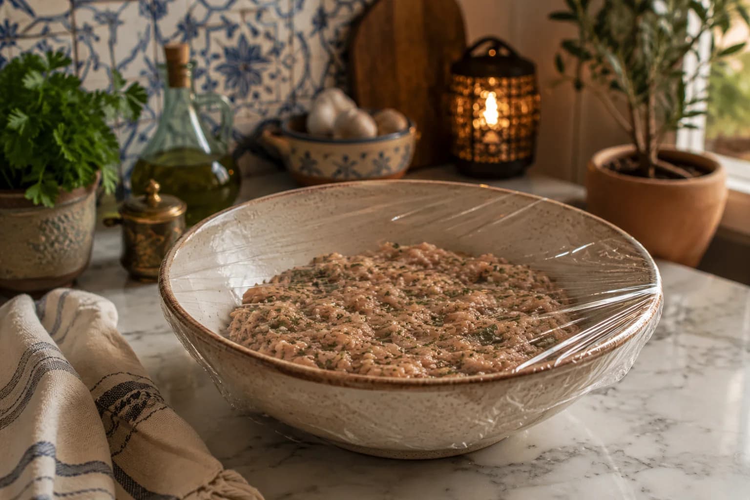 Covered bowl of seasoned chicken mixture resting in a natural stylish Lebanese-inspired kitchen.
