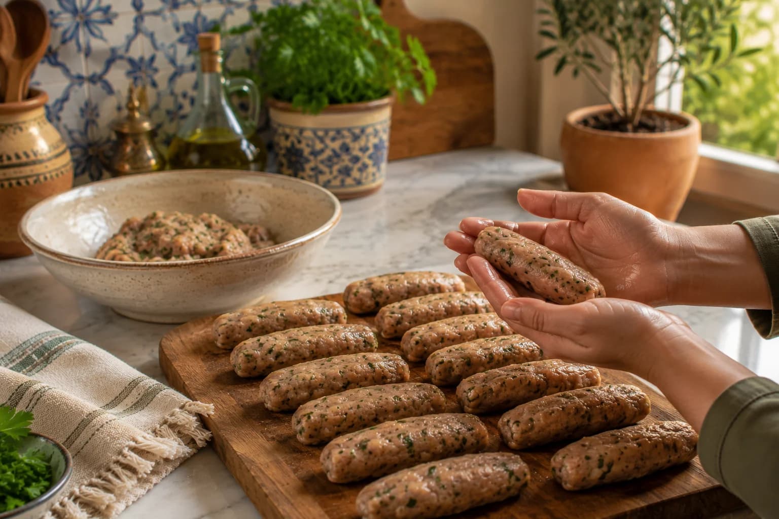 Hands naturally shaping small chicken makanek sausages on a kitchen work surface in a stylish Mediterranean kitchen.