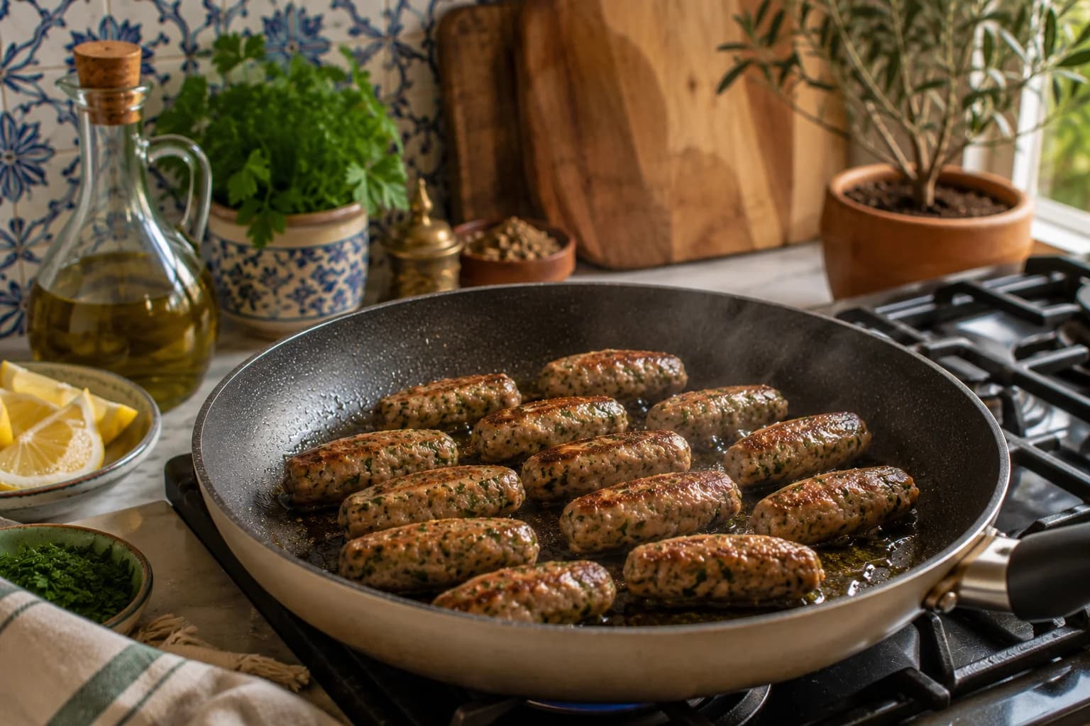 Small chicken makanek browning naturally in a skillet in a warm stylish Lebanese-inspired kitchen.