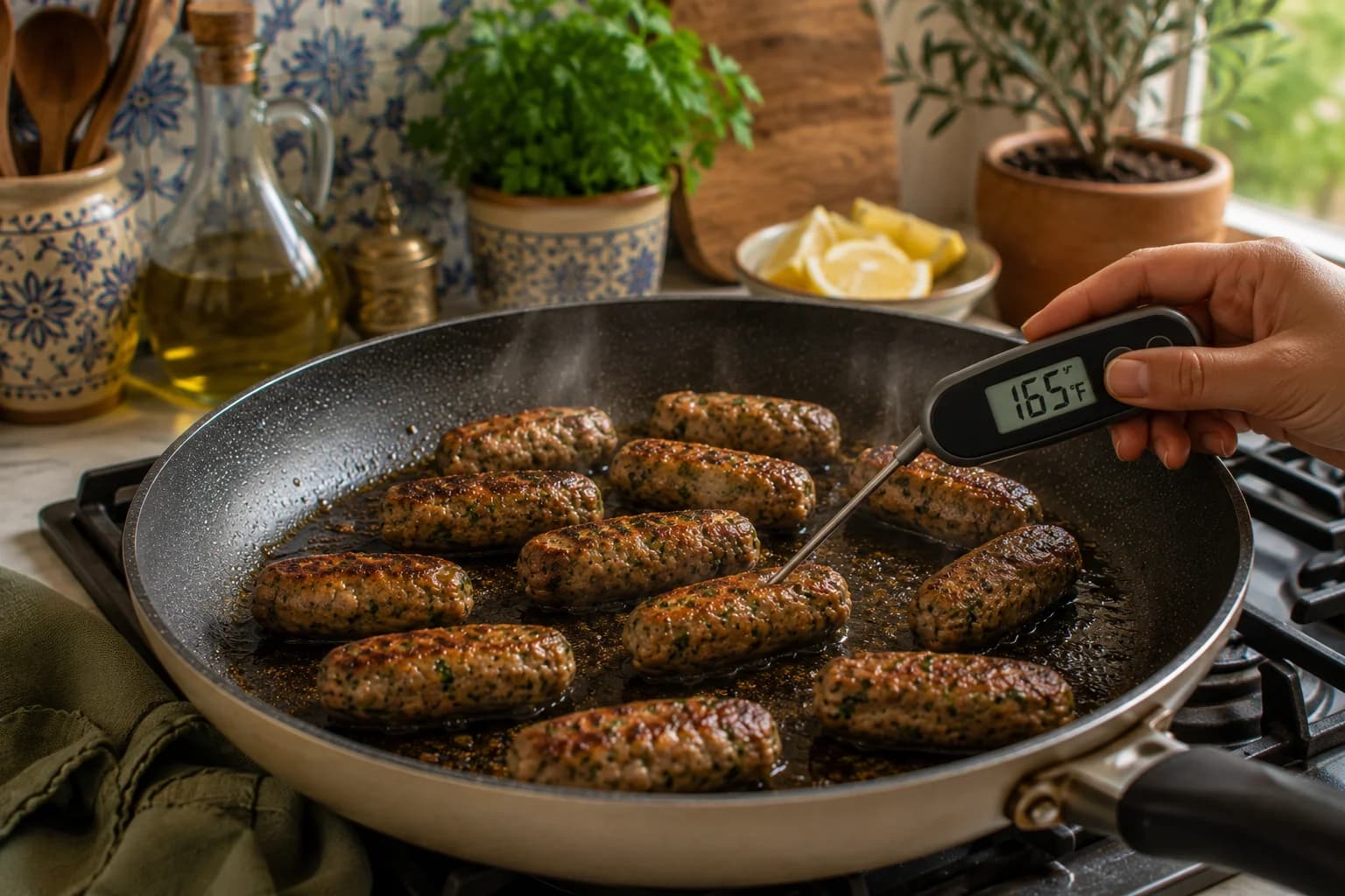 Golden-browned chicken makanek cooking through in a skillet in a natural stylish Mediterranean kitchen.