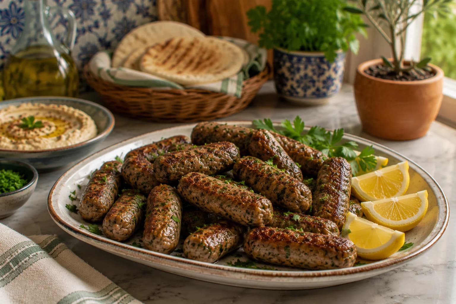Naturally arranged golden chicken makanek served with parsley and lemon in a stylish Mediterranean kitchen.