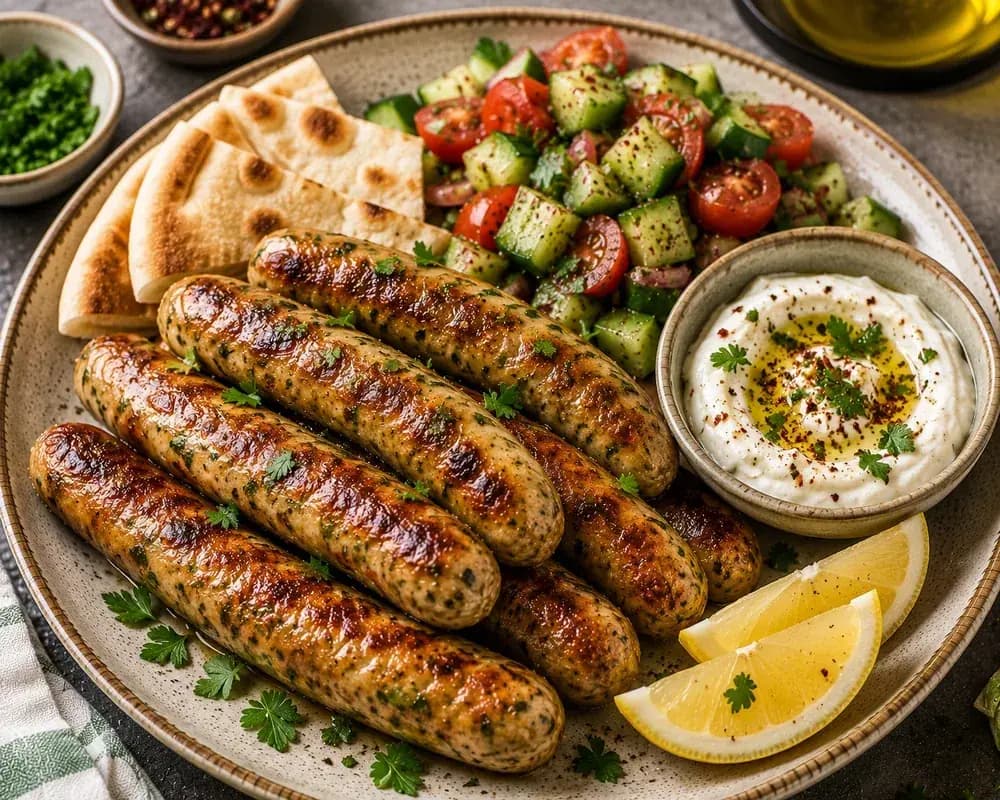 Golden-browned Lebanese chicken makanek seasoned with garlic and warm Mediterranean spices, served naturally with parsley and lemon wedges.