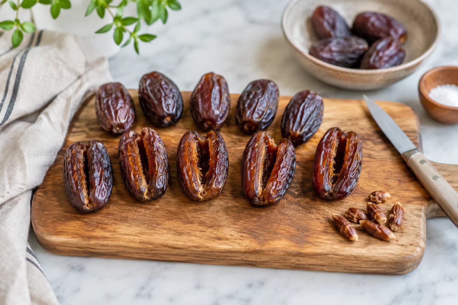 Twelve Medjool dates being opened and pitted before filling.