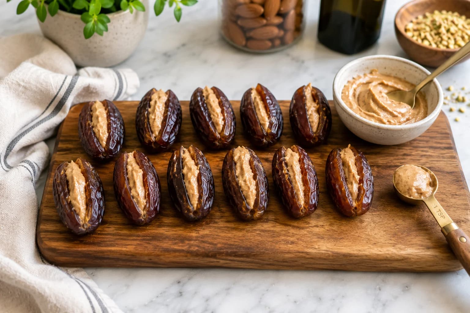 Medjool dates being filled with approximately 1 teaspoon of almond butter each.