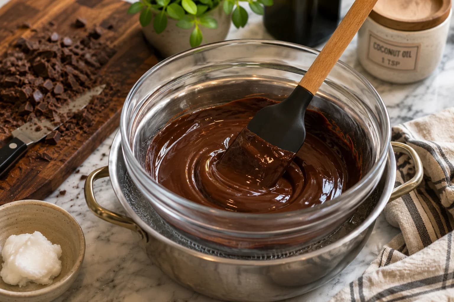 Finely chopped dark chocolate and coconut oil melting together in a heatproof bowl.
