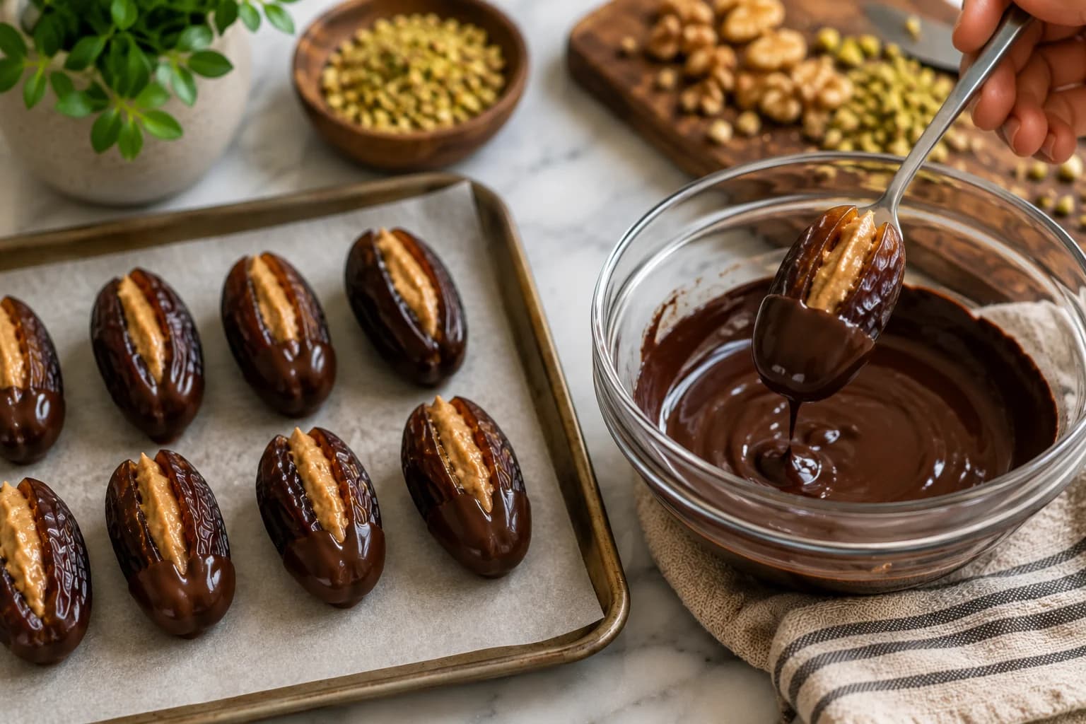 Almond butter stuffed dates being dipped halfway into melted dark chocolate.