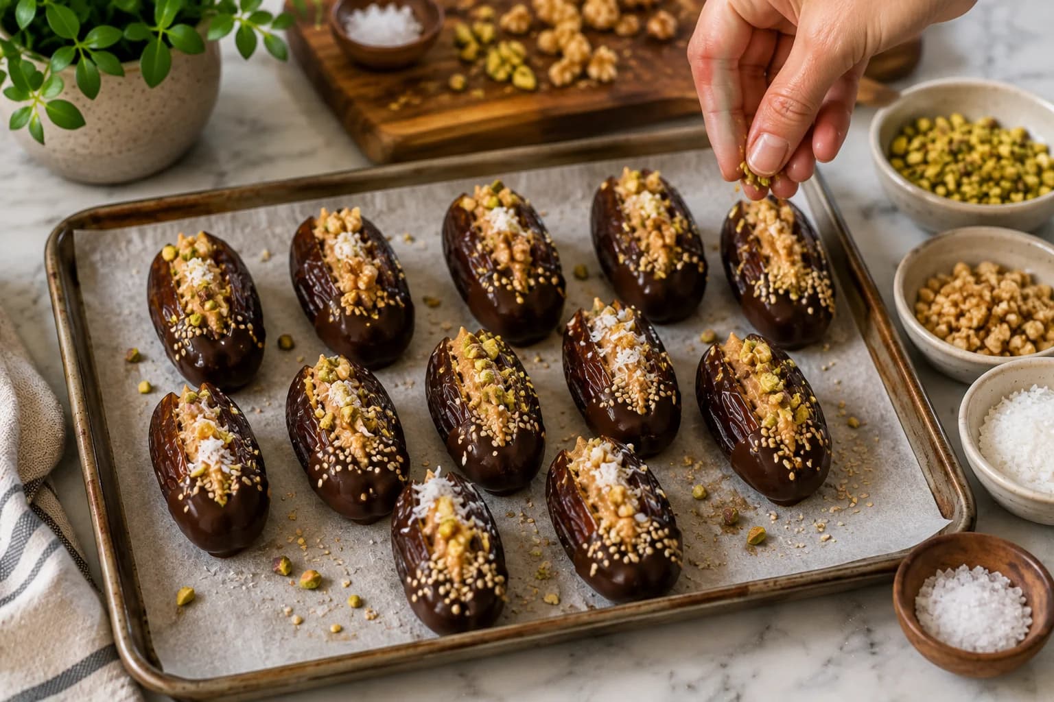 Chocolate-coated stuffed dates being finished with pistachios, walnuts, coconut, sesame seeds, and flaky sea salt.