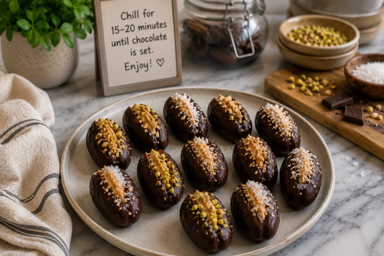 Finished dark chocolate stuffed dates with almond butter and crunchy toppings ready to serve.