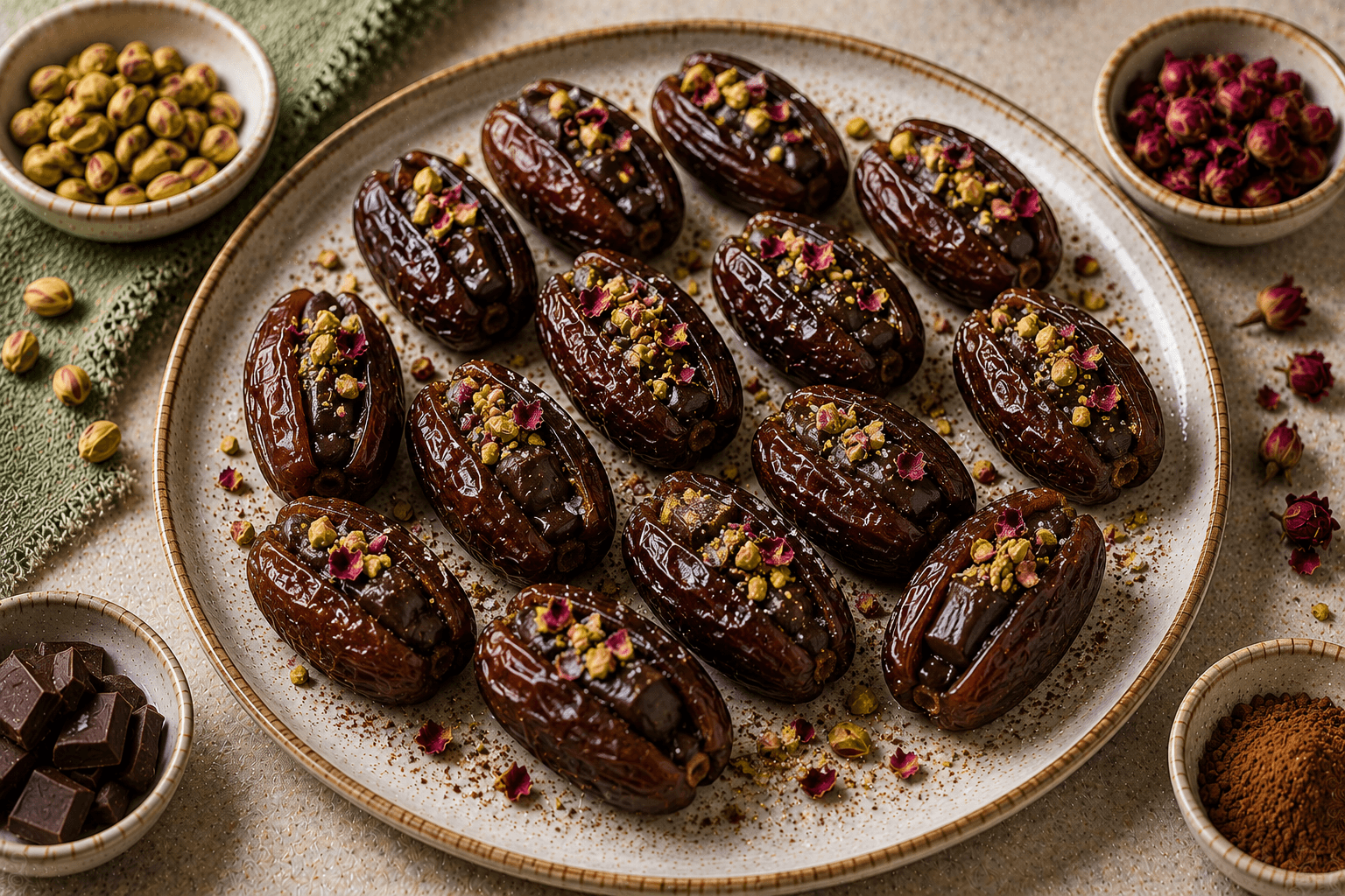 Dark chocolate stuffed Medjool dates topped with pistachios, walnuts, shredded coconut, and sesame seeds on a serving platter.