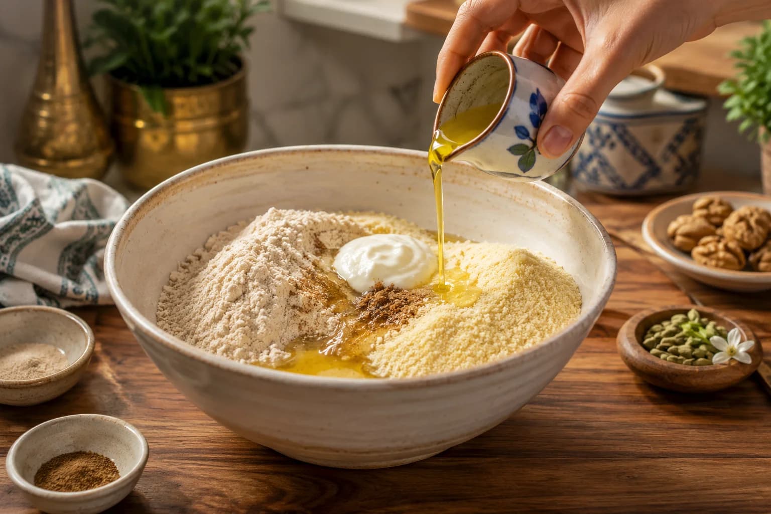Whole-wheat Ma'amoul dough being mixed with olive oil, Greek yogurt, milk, vanilla, and orange blossom water.