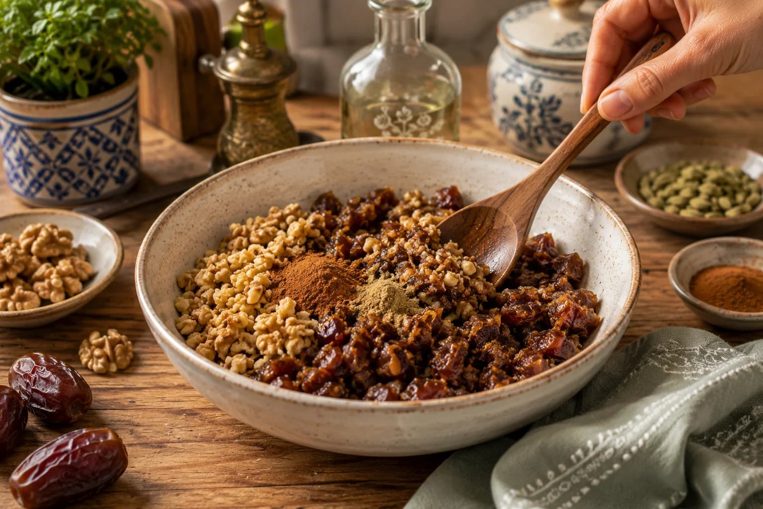 Finely chopped Medjool dates mixed with walnuts, cinnamon, cardamom, and orange blossom water for Ma'amoul filling.