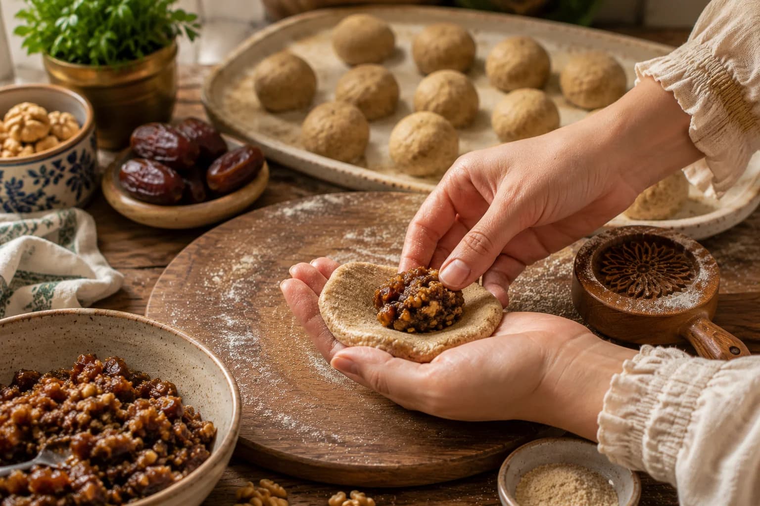 Whole-wheat Ma'amoul dough being filled with a measured portion of date and walnut filling.