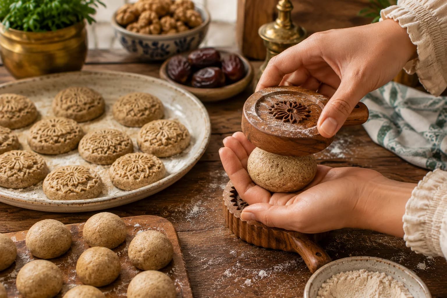 Filled Ma'amoul cookies being shaped and decorated with a traditional mold.