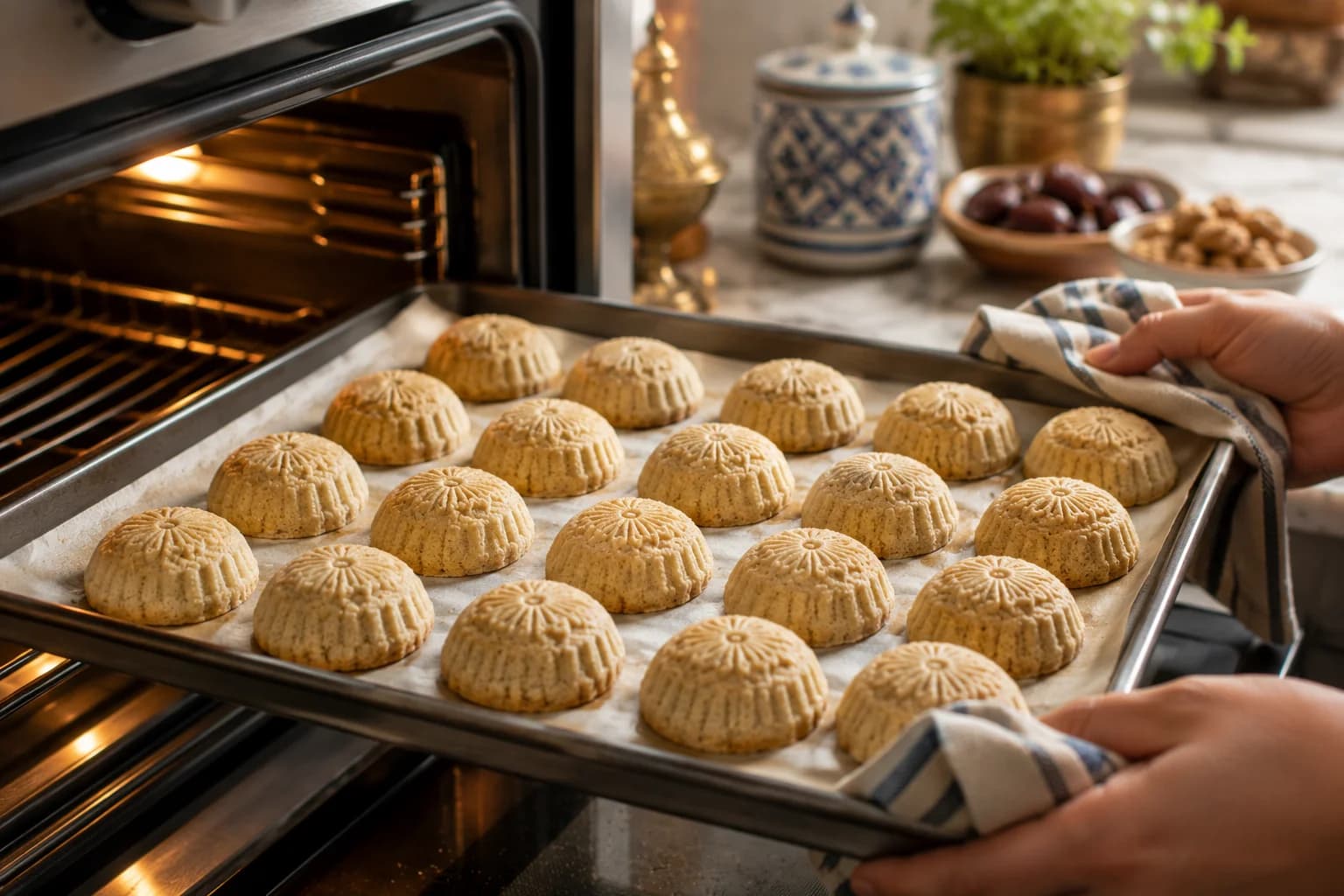 Whole-wheat date and walnut Ma'amoul baking on a parchment-lined tray until lightly golden on the bottoms.