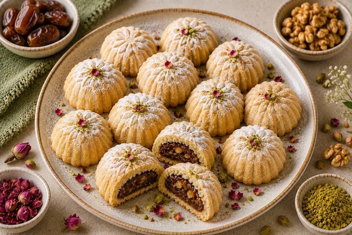Healthy whole-wheat Ma'amoul cookies filled with dates and walnuts, arranged on a serving plate with pistachios and fresh mint.