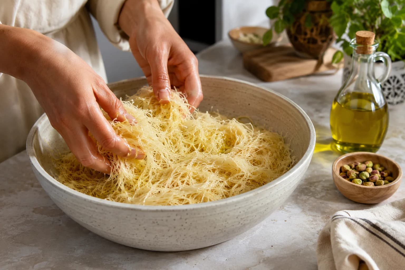 Thawed kataifi pastry being gently separated and evenly coated with extra virgin olive oil in a rustic kitchen.