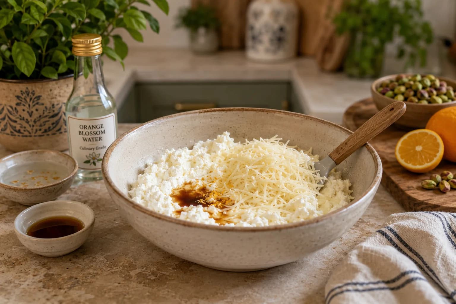 Creamy ricotta and finely shredded mozzarella mixed with vanilla and orange blossom water for the kanafeh filling.