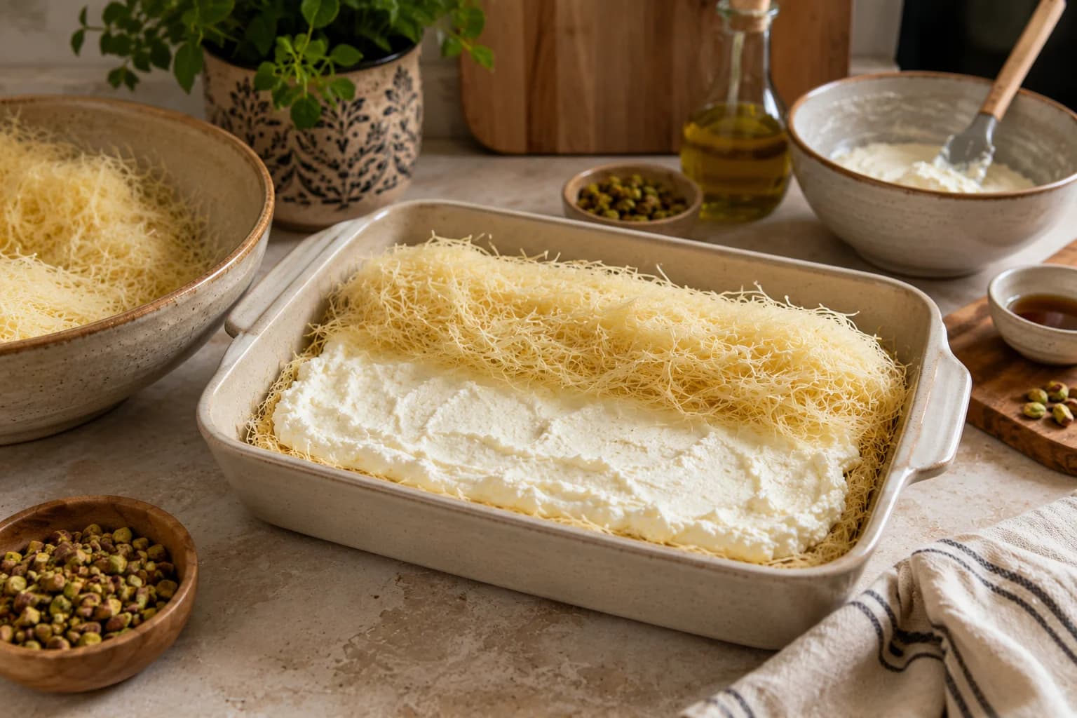 Kataifi pastry layered with creamy ricotta and mozzarella filling before the final pastry layer is added.