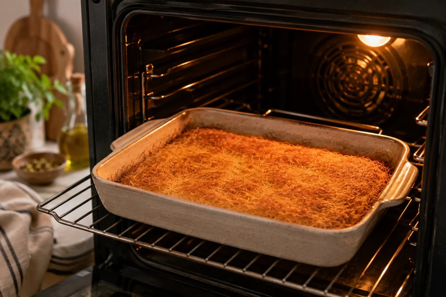 Kanafeh baking in a stylish kitchen oven until the kataifi pastry becomes deeply golden and crisp.