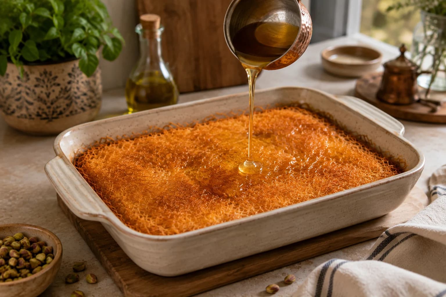 Warm honey and orange blossom syrup being drizzled evenly over freshly baked golden kanafeh.