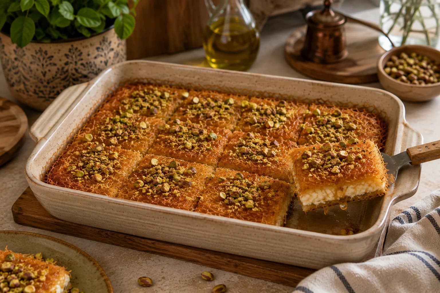 Warm golden kanafeh garnished with finely chopped pistachios and served in portions on an elegant platter.