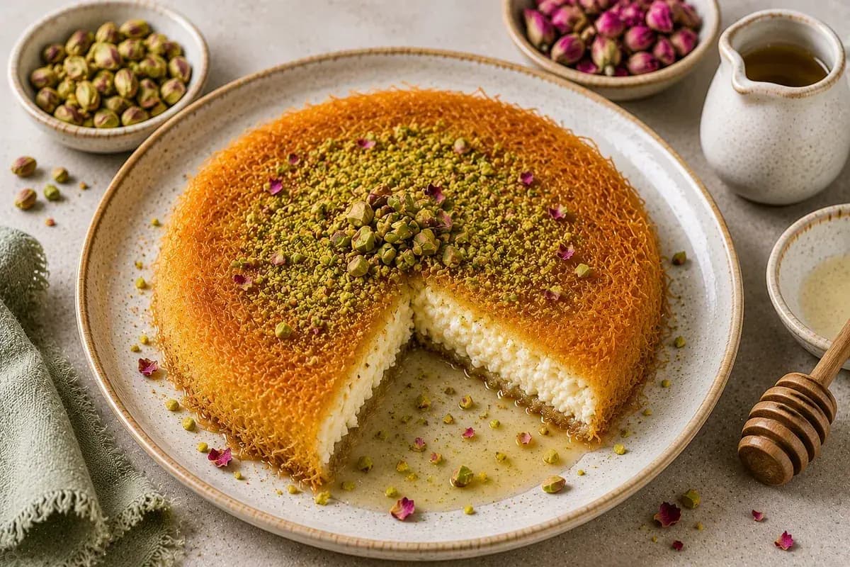Healthy kanafeh with crisp golden kataifi pastry, creamy ricotta and mozzarella filling, chopped pistachios, and light honey-orange blossom syrup.