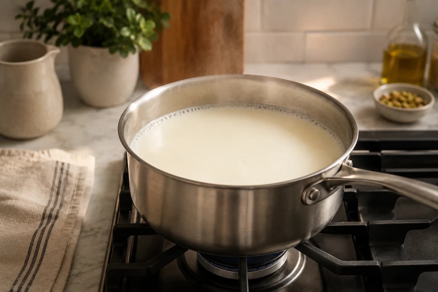 Four cups of low-fat milk warming gently in a saucepan without boiling.