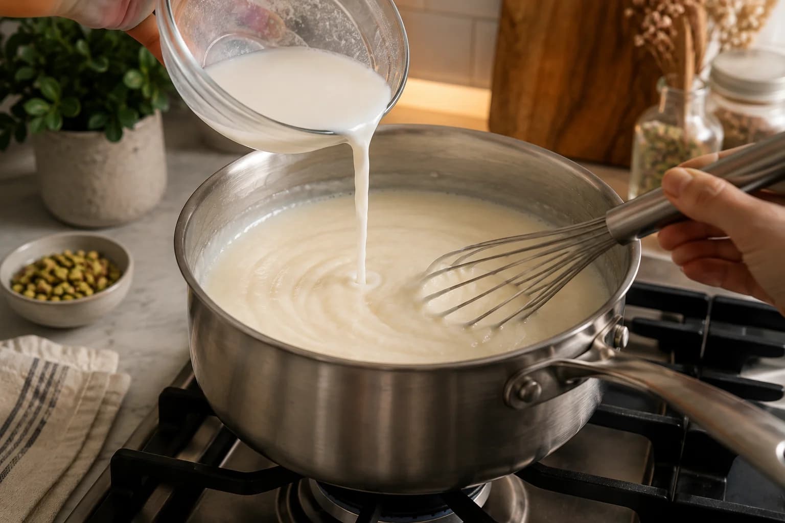 Milk and cornstarch mixture being whisked in a saucepan as it thickens into smooth mahalabia pudding.