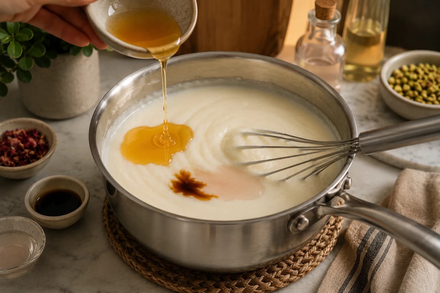 Smooth warm mahalabia being flavored with honey, vanilla, rose water, and optional orange blossom water.