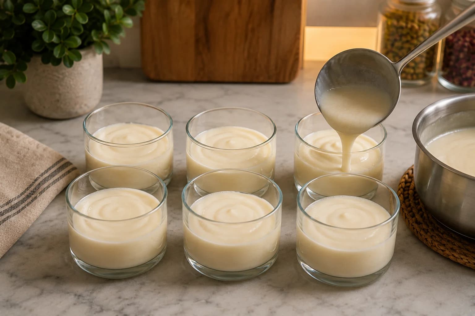 Six individual glasses filled evenly with warm mahalabia before chilling in the refrigerator.