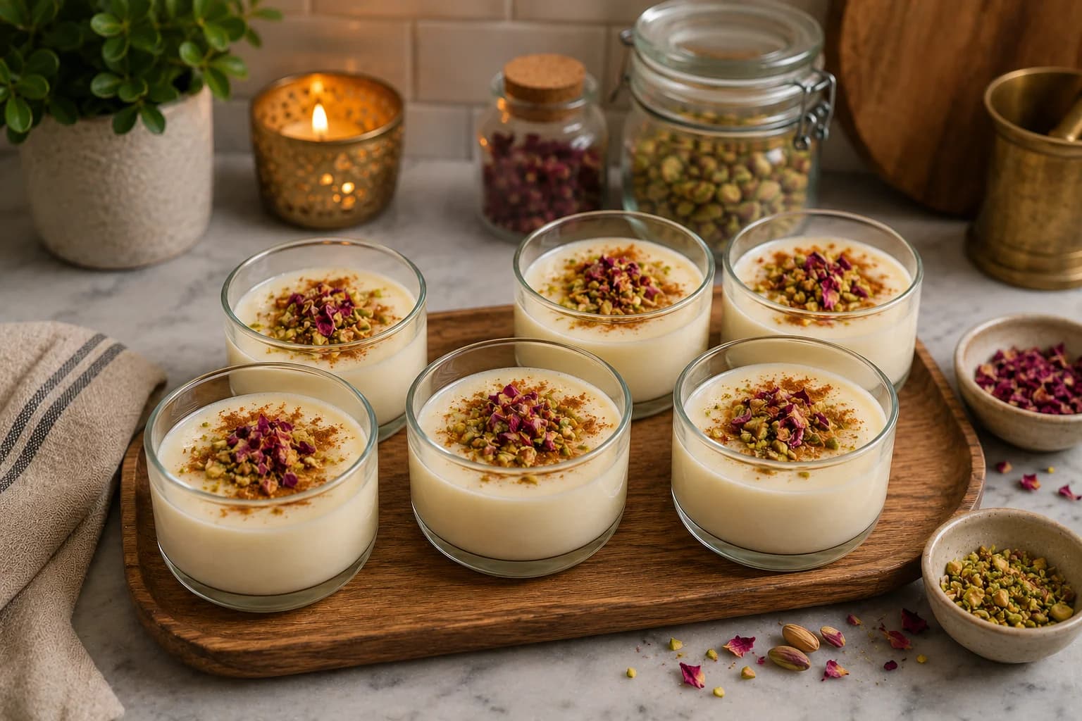 Chilled Egyptian mahalabia garnished with chopped pistachios, cinnamon, and optional edible rose petals.