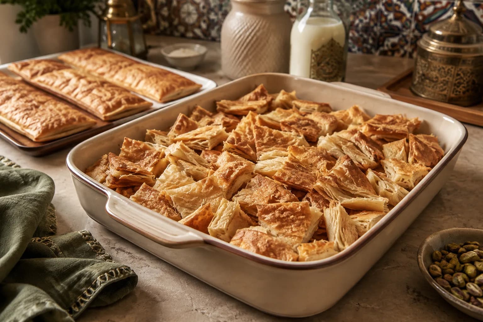 Five sheets of whole wheat puff pastry baked until golden and broken into bite-sized pieces in a baking dish.