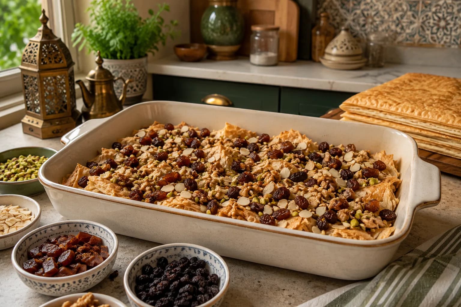 Chopped Medjool dates, raisins, almonds, pistachios, and walnuts distributed evenly over baked puff pastry.