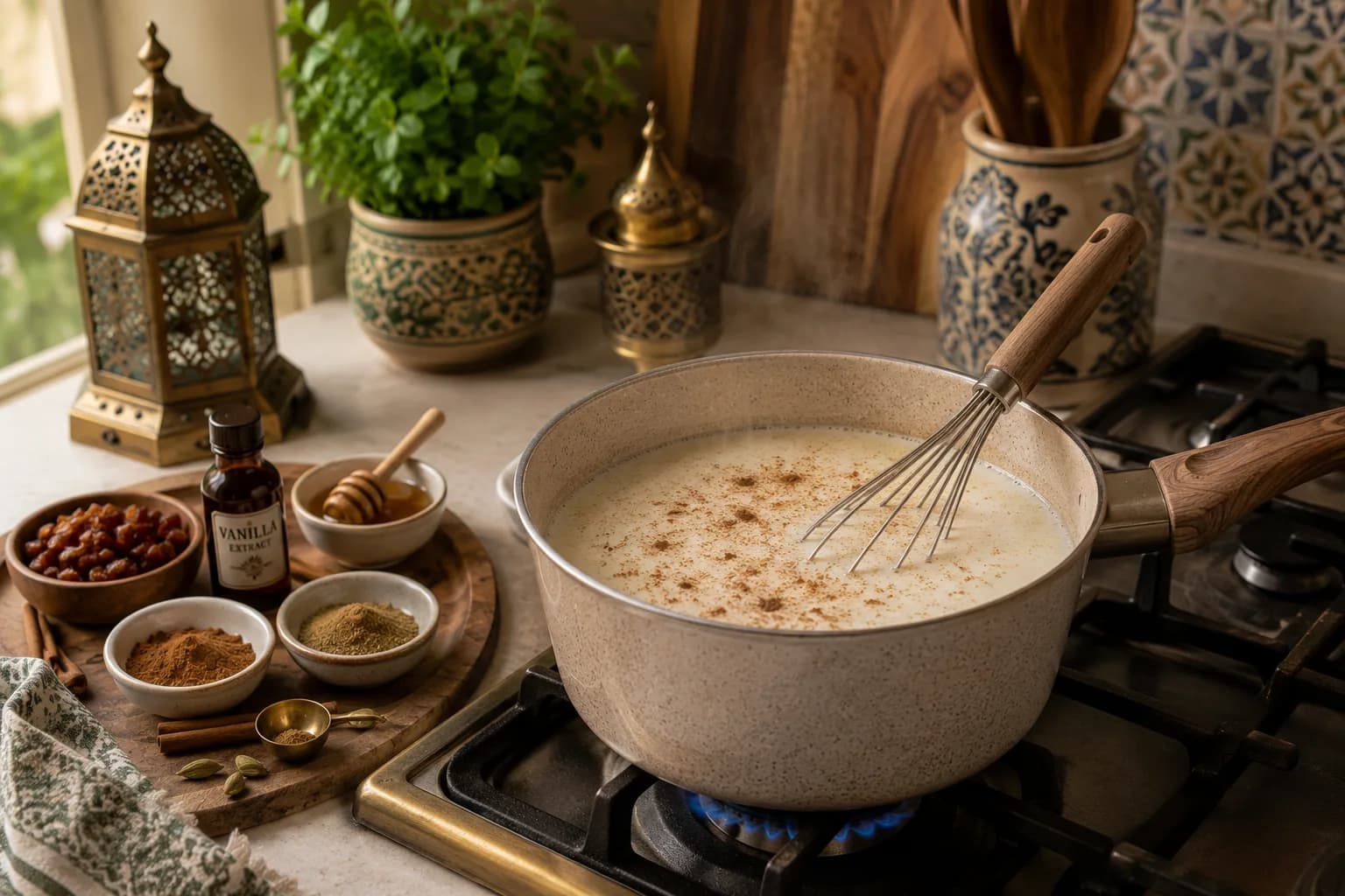 Four cups of low-fat milk warmed gently with honey, vanilla, cinnamon, and cardamom in a saucepan.